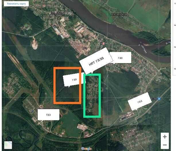 Снимок со спутника поселка Лямино Чусовского района Пермского края. Зелёный прямоугольник наша часть поселка не газифицирована.